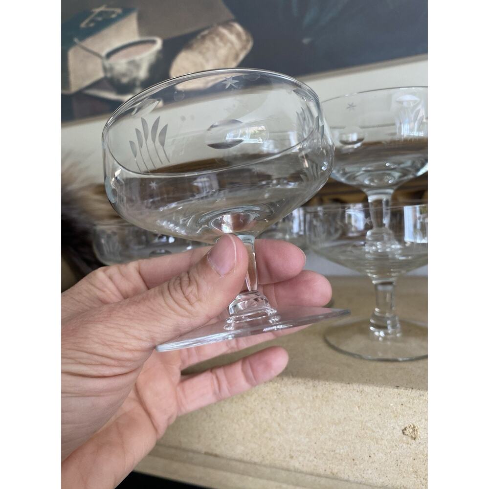 Vintage 1950s Etched Cocktail Coupes Glasses Short Stem Wheat Stars Set Of 10